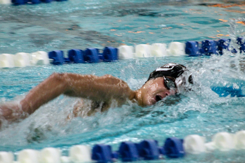 Valley Central’s Thomas Gheiselhart swims a freestyle event during a virtual boys’ swimming meet on Wednesday at Valley Central High School in Montgomery. The Vikings defeated Goshen, 119-58.